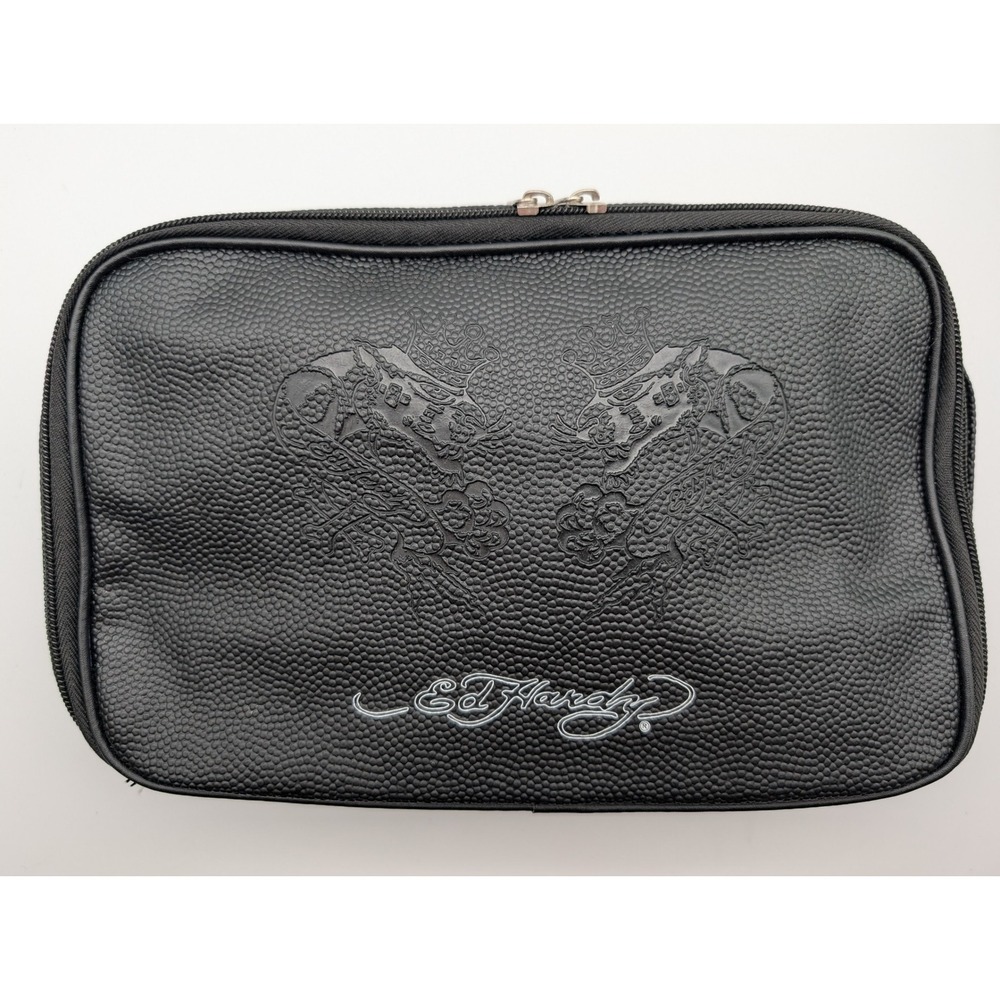 Ed Hardy Black Pebbled Faux Leather Toiletry Travel Bag Embossed Dragon Logo